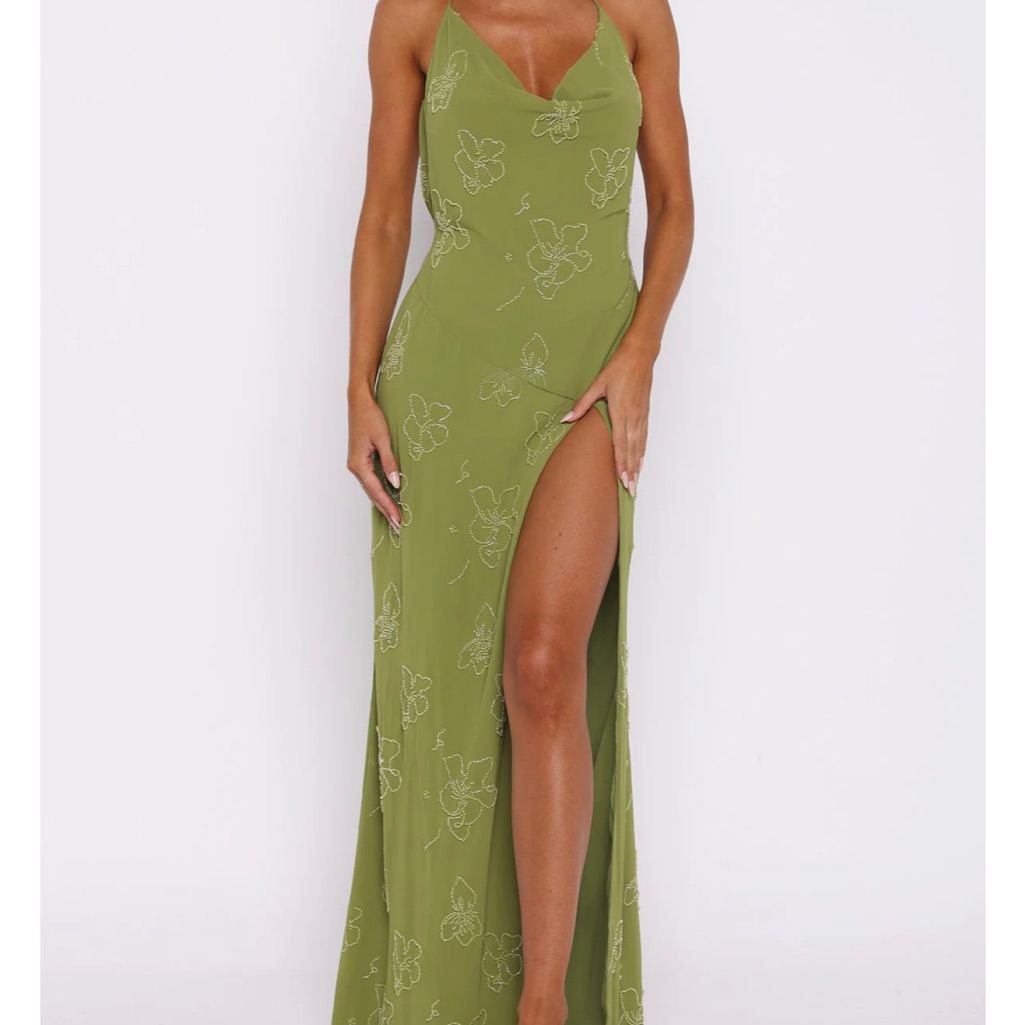 White Fox Boutique Olive Green Floral Backless Slip Dress With Thigh Slit